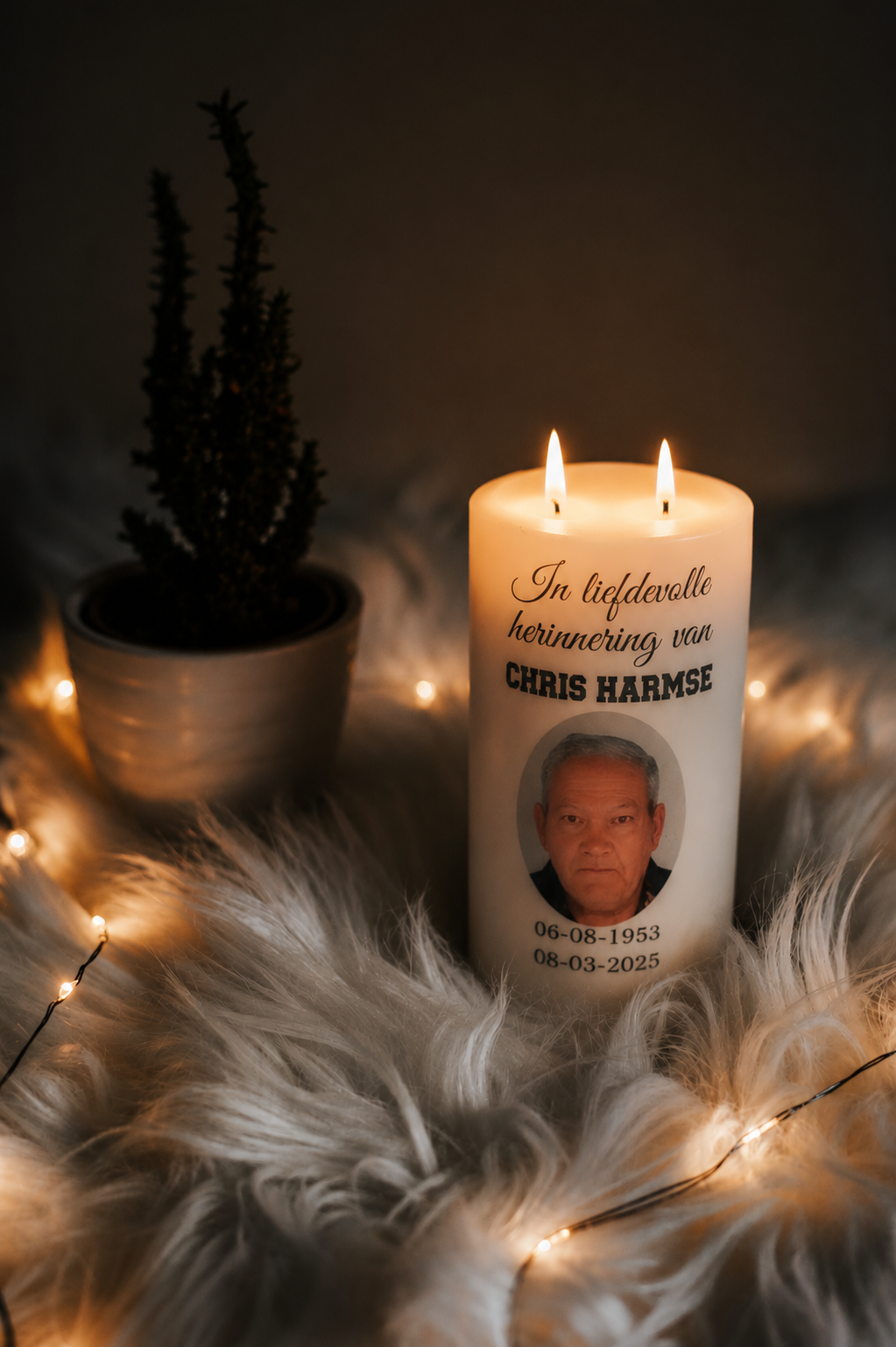 Personalized memorial candle with warm lights