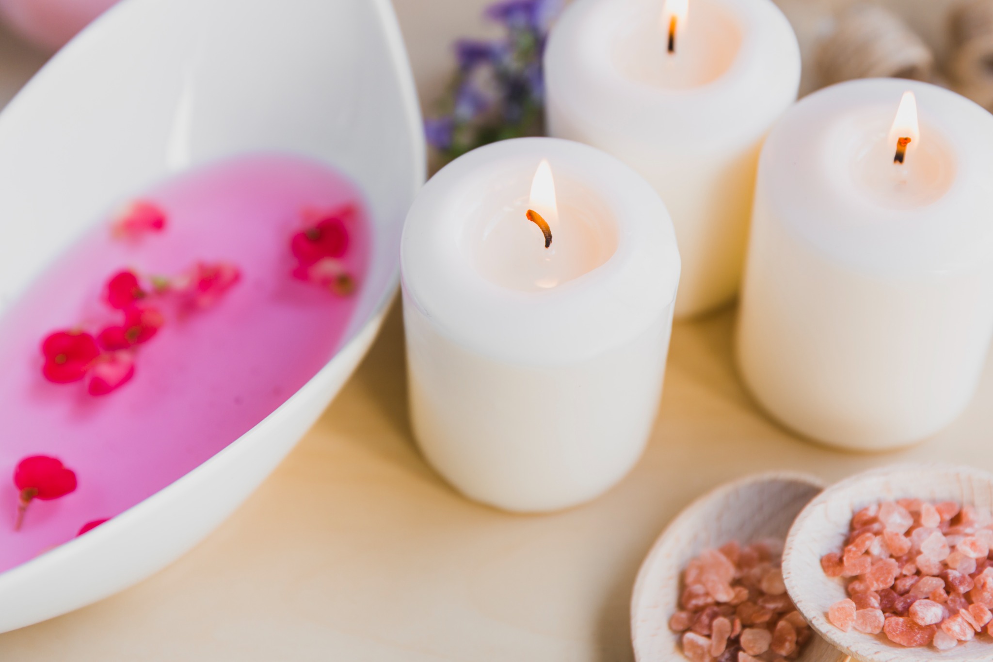 Aroma candles with bath salts and floral water