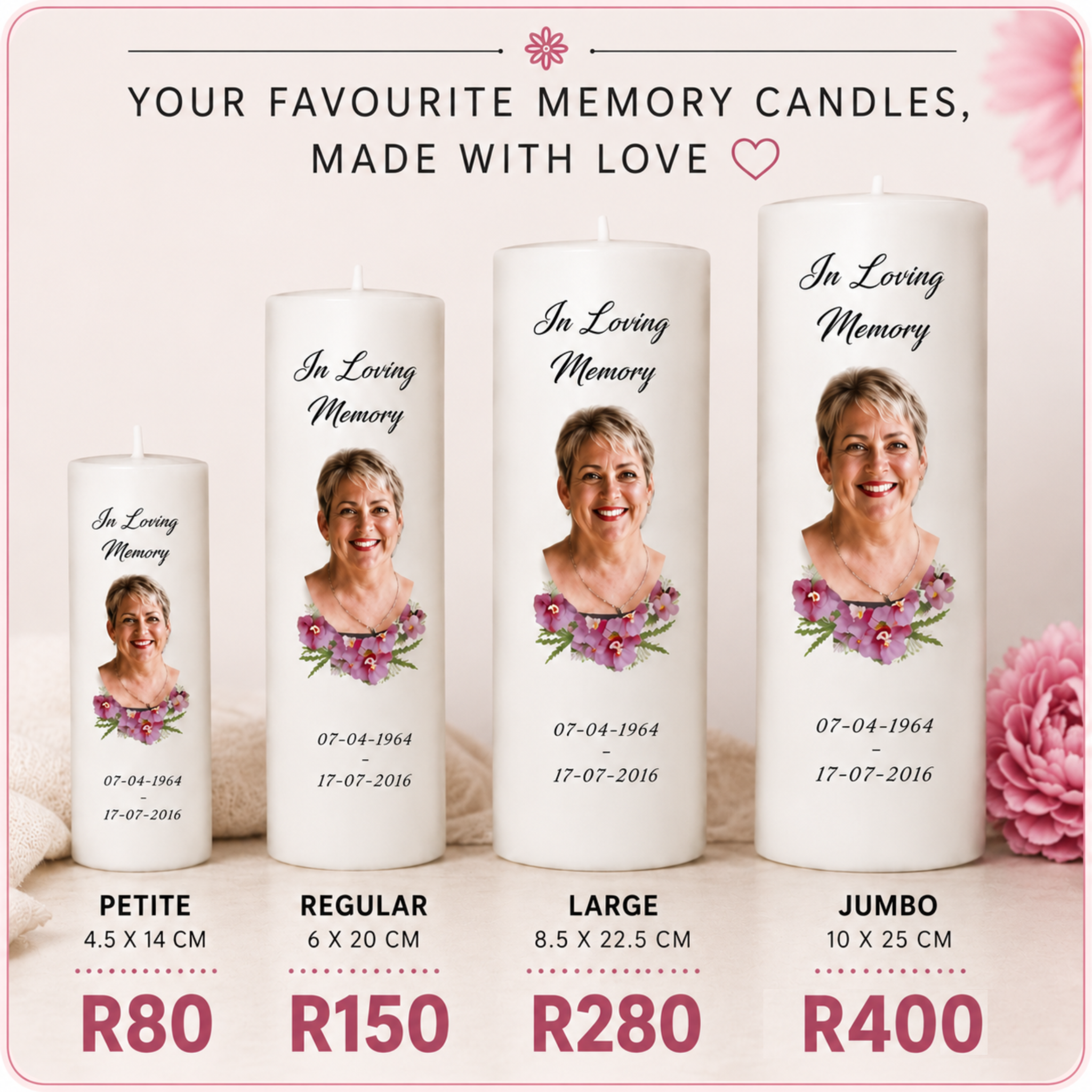 Memory candle sizes and prices advert